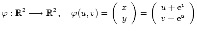 $\displaystyle \varphi: \mathbb{R}^2\longrightarrow\mathbb{R}^2\,, \quad
\varphi...
...right)=\left(\begin{array}{c}
u+{\rm {e}}^v\\ v-{\rm {e}}^u\end{array}\right) $