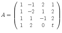 $\displaystyle A =
\left( \begin{array}{cccc}
1 & -1 & 2 & 1\\
1 & -2 & 1 & 2\\
1 & 1 &-1 & 2\\
1 & 2 & 0 & t
\end{array} \right)$
