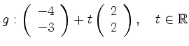 $\displaystyle g: \left(\begin{array}{c} -4 \\ -3\end{array}\right) +
t \left(\begin{array}{c} 2 \\ 2 \end{array}\right),\quad
t\in\mathbb{R}
$