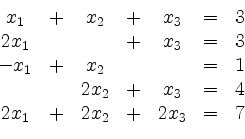 \begin{displaymath}
\begin{array}{ccccccc}
x_1&+&x_2&+&x_3&=&3\\
2x_1&&&+&x_3&=...
...&1\\
&&2x_2&+&x_3&=&4\\
2x_1&+&2x_2&+&2x_3&=&7\\
\end{array}\end{displaymath}