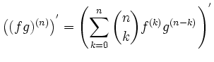 $\displaystyle \left((fg)^{(n)}\right)^{'}
= \left(\sum_{k=0}^n\binom{n}{k}f^{(k)} g^{(n-k)}\right)^{'}$