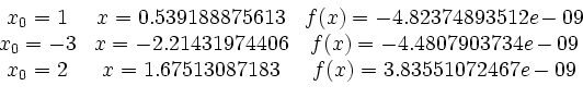 \begin{displaymath}
\begin{array}{ccc}
x_0=1 & x=0.539188875613& f(x) = -4.8237...
...0=2 & x=1.67513087183 & f(x) = 3.83551072467e-09\\
\end{array}\end{displaymath}