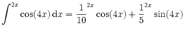 $\displaystyle \int \e^{2x}\cos(4x) \,\mathrm{d} x = \frac1{10}\e^{2x}\cos(4x) + \frac15 \e^{2x}\sin(4x)
$