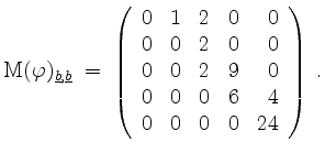 $\displaystyle \mathrm{M}(\varphi)_{\underline{b},\underline{b}} \;=\;
\left(\b...
...0 & 2 & 9 & 0\\
0 & 0 & 0 & 6 & 4\\
0 & 0 & 0 & 0 & 24
\end{array}\right)\;.
$