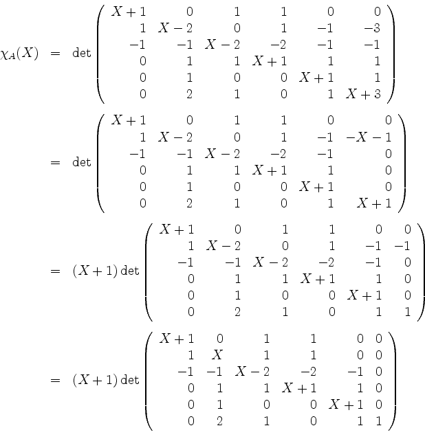 \begin{displaymath}
\begin{array}{rcl}
\chi_A(X)
&=& \det\left(\begin{array}{rrr...
...0 \\
0 & 2 & 1 & 0 & 1 & 1 \\
\end{array}\right)
\end{array}\end{displaymath}