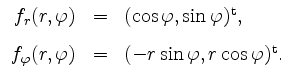 $\displaystyle \begin{array}{rcl}
f_r(r,\varphi) & = & (\cos \varphi, \sin \varp...
...phi(r,\varphi) & = & (- r \sin \varphi, r \cos \varphi)^\mathrm{t}.
\end{array}$