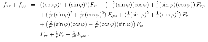$\displaystyle \begin{array}{rcl}
f_{xx} + f_{yy}
&=& ((\cos\varphi)^2+(\sin\va...
...
&=& F_{rr} + \frac{1}{r} F_r + \frac{1}{r^2} F_{\varphi\varphi}\;.
\end{array}$