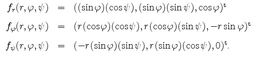 $\displaystyle \begin{array}{rcl}
f_r(r,\varphi,\psi) & = & ((\sin\varphi) (\cos...
...\sin\varphi) (\sin\psi), r (\sin\varphi) (\cos\psi), 0)^\mathrm{t}.
\end{array}$