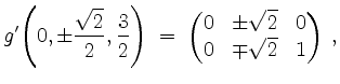 $\displaystyle g'\!\left(0,\pm\frac{\sqrt 2}{2},\frac{3}{2}\right) \;=\; \begin{pmatrix}0&\pm\sqrt{2}&0\\ 0&\mp\sqrt{2}&1\end{pmatrix}\; ,
$