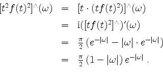 \begin{displaymath}
\begin{array}{rcl}
[t^2 f(t)^2]^\wedge(\omega)
& = & [t \cdo...
...\vert)\, e^{-\vert\omega\vert}\; . \vspace*{2mm}\\
\end{array}\end{displaymath}