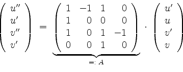 \begin{displaymath}
\left(
\begin{array}{l}
u'' \\
u' \\
v'' \\
v' \\
\end{a...
...
\begin{array}{l}
u' \\
u \\
v' \\
v \\
\end{array}\right)
\end{displaymath}