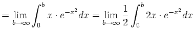$\displaystyle =\lim_{b\to \infty}\int_{0}^{b}x\cdot e^{-x^2}dx = \lim_{b\to \infty}\frac{1}{2} \int_{0}^{b}2x\cdot
e^{-x^2}dx$