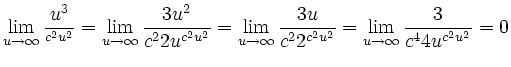 $\displaystyle \lim_{u\to\infty} \frac{u^3}{\e^{c^2u^{2}}} = \lim_{u\to\infty}
\...
...rac{3u}{c^22\e^{c^2u^{2}}} = \lim_{u\to\infty}\frac{3}{c^44u\e^{c^2u^{2}}} = 0
$