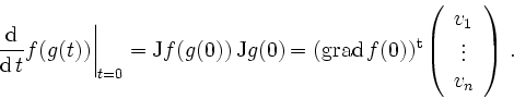 \begin{displaymath}
\left.\frac{\operatorname{d}}{\operatorname{d}t}f(g(t))\righ...
...in{array}{c}
v_1\\
\vdots\\
v_n
\end{array}\right)\,\text{.}
\end{displaymath}