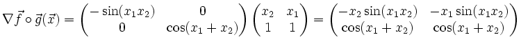 $\displaystyle \nabla \vec f\circ \vec g(\vec x) =
\begin{pmatrix}
-\sin (x_1x_...
...(x_1x_2) & -x_1\sin (x_1x_2) \\
\cos (x_1+x_2) & \cos (x_1+x_2)
\end{pmatrix}$