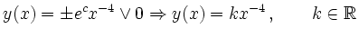 $\displaystyle y(x) = \pm e^c x^{-4} \lor 0 \Rightarrow y(x) =k x^{-4}\,, \qquad k\in \mathbb{R}
$