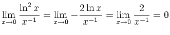 $\displaystyle \lim_{x\to0} \frac{\ln^2x}{x^{-1}} = \lim_{x\to0} -\frac{2\ln x}{x^{-1}}
=\lim_{x\to0} \frac{2}{x^{-1}} =0
$