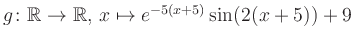 $ g \colon \mathbb{R} \to \mathbb{R},\, x \mapsto e^{-5(x+5)}\sin(2(x+5))+9$