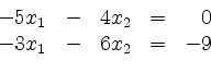 \begin{displaymath}
\begin{array}{r@{}r@{}lrr@{}lcr@{}r}
- & 5 & x_1 & - & 4 & ...
...= & & 0\\
- & 3 & x_1 & - & 6 & x_2 & = & - & 9\\
\end{array}\end{displaymath}