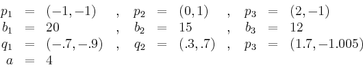 \begin{displaymath}
\begin{array}{rclcrclcrcl}
p_1 &=& (-1,-1)&,\,&p_2 &=& (0,1)...
...2 &=& (.3,.7) &,\,& p_3 &=& (1.7,-1.005)\\
a &=& 4
\end{array}\end{displaymath}