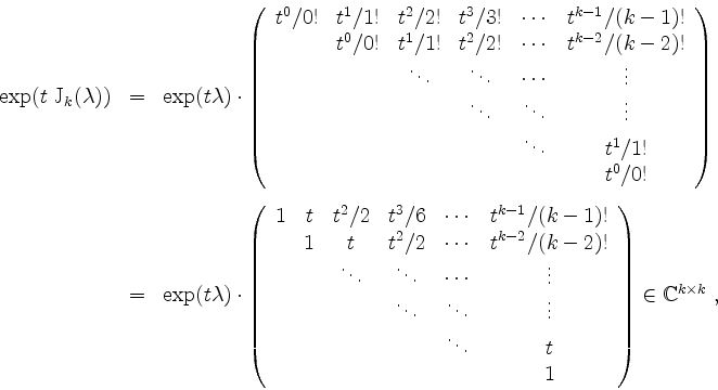 \begin{displaymath}
\begin{array}{rcl}
\exp(t\;\mathrm{J}_k(\lambda))
&=&
\exp(...
...\
\end{array}\right)\in\mathbb{C}^{k\times k} \; ,
\end{array}\end{displaymath}