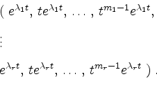 \begin{displaymath}
\begin{array}{l}
(\; e^{\lambda_1 t}, \, t e^{\lambda_1 t},...
...}, \, \ldots, \, t^{m_r-1} e^{\lambda_r t} \; )\; .
\end{array}\end{displaymath}